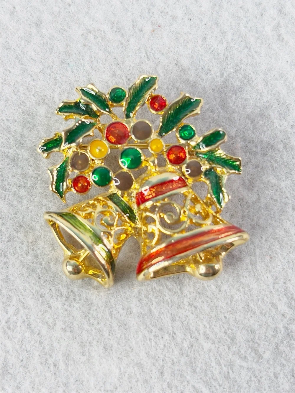 Christopher Radko Christmas Bell Brooch Pin Gold Tone & Enamel Holiday Festive